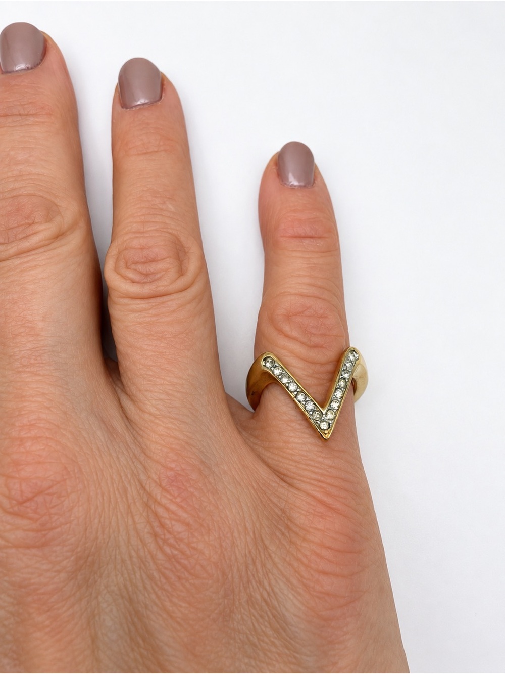 V Shape Gold Plated CZ Ring 7 Chevron Sterling Silver 925 Vermeil Wide Statement